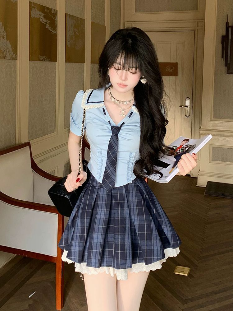 Summer New Preppy Y2K 2 Piece  - Elastic Lace Trim 评论和价格