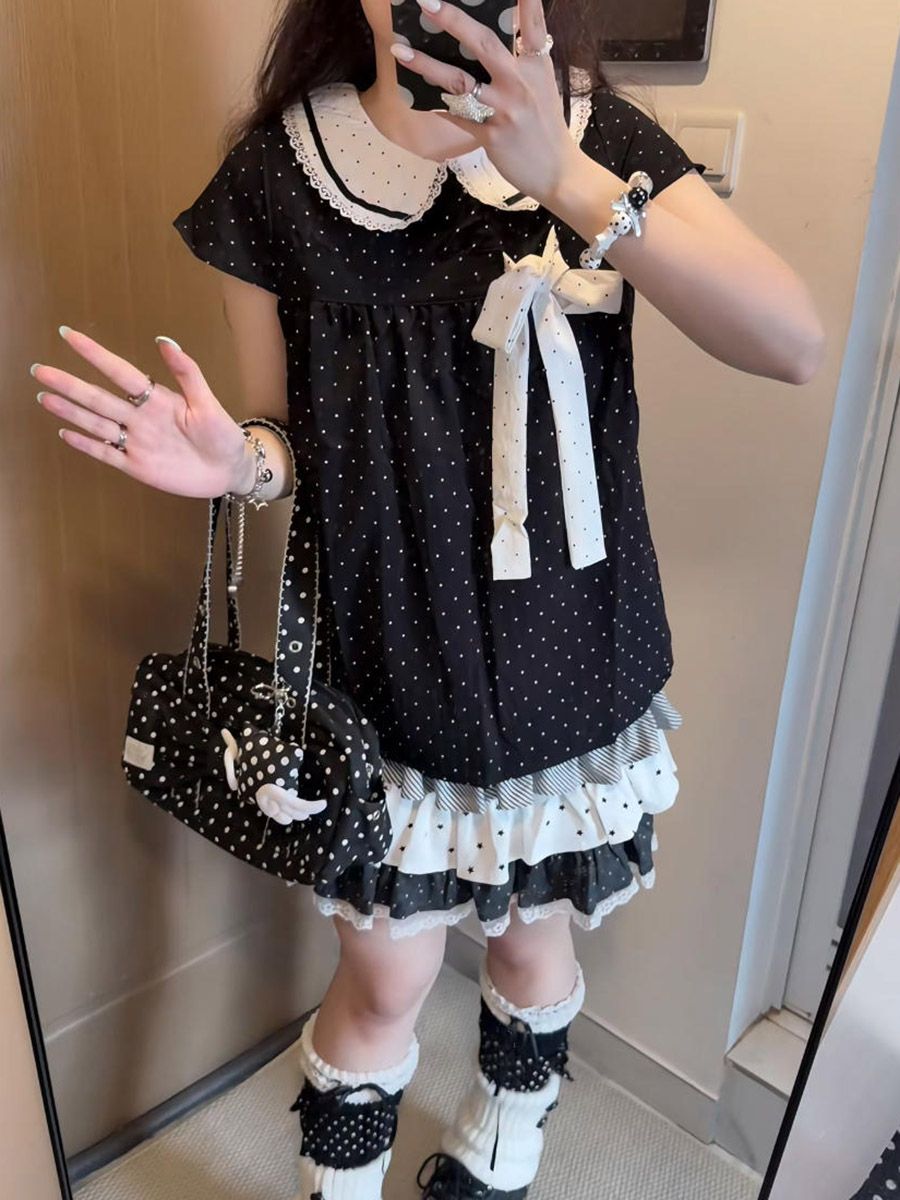 Y2K Kawaii Japanese Polka Dot  - Elastic Lace Trim 评论和价格