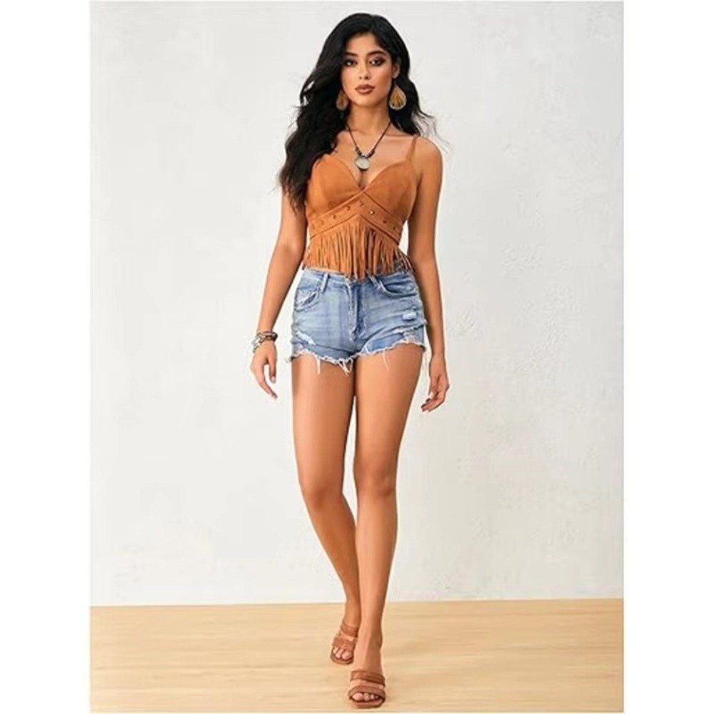 Vintage Faux Suede Women Crop  - Tassel Fringe Trim 评论和价格