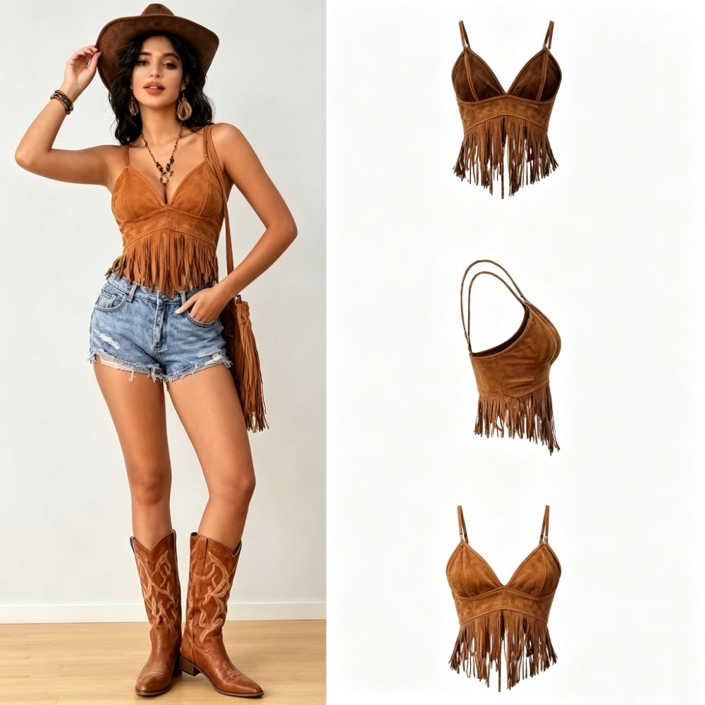 Vintage Faux Suede Women Crop  - Tassel Fringe Trim 评论和价格