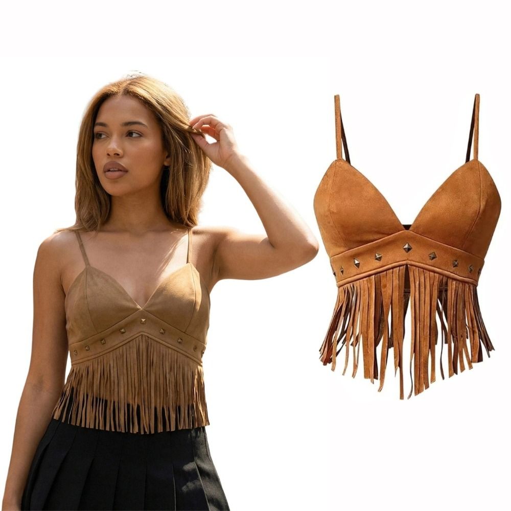 Vintage Faux Suede Women Crop  - Tassel Fringe Trim 评论和价格